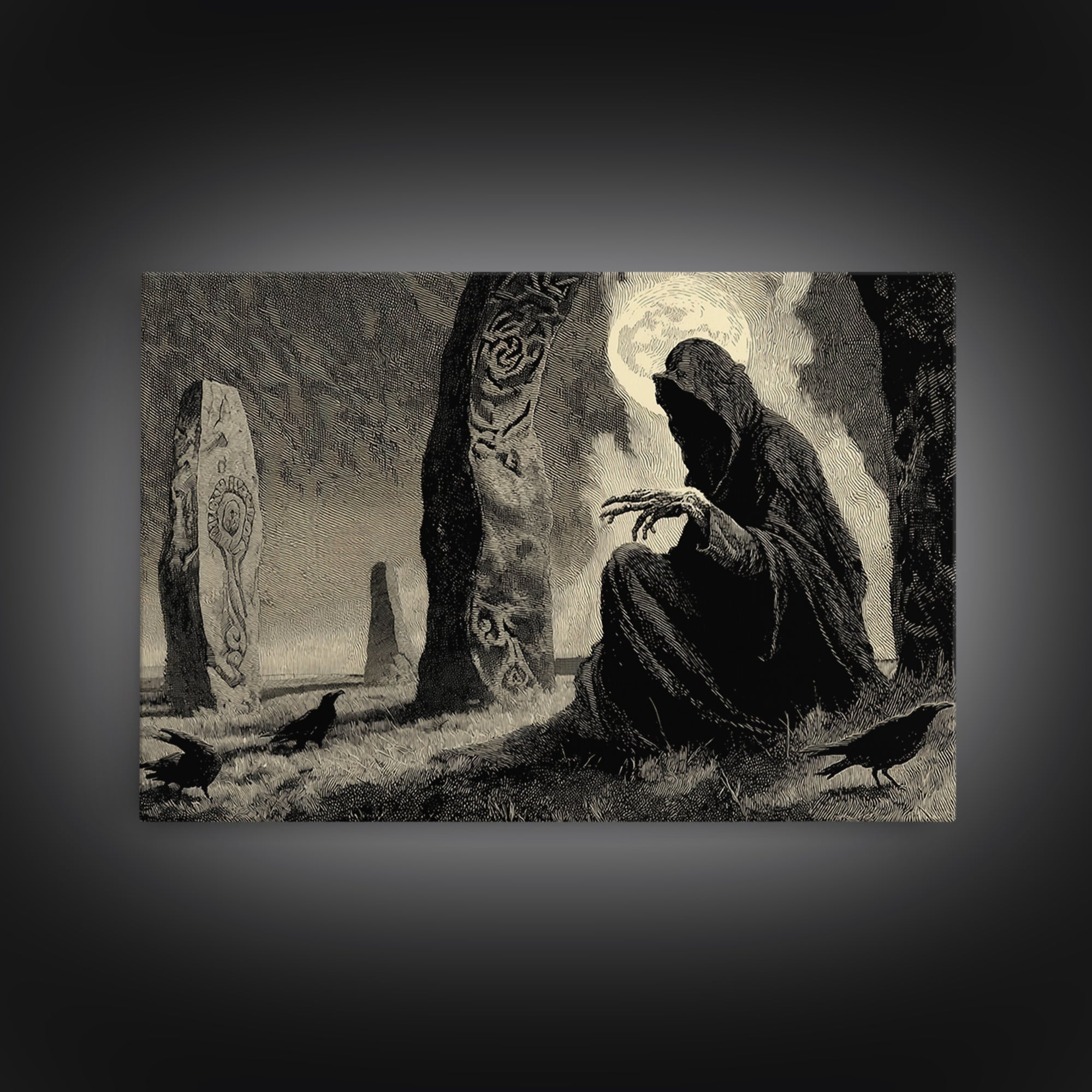 The Stone-Circle Spirit, Expressionist Nightmare Art, Landscape Wall Art, Macabre Wall Art, Framed Canvas Print, Halloween Wall Art