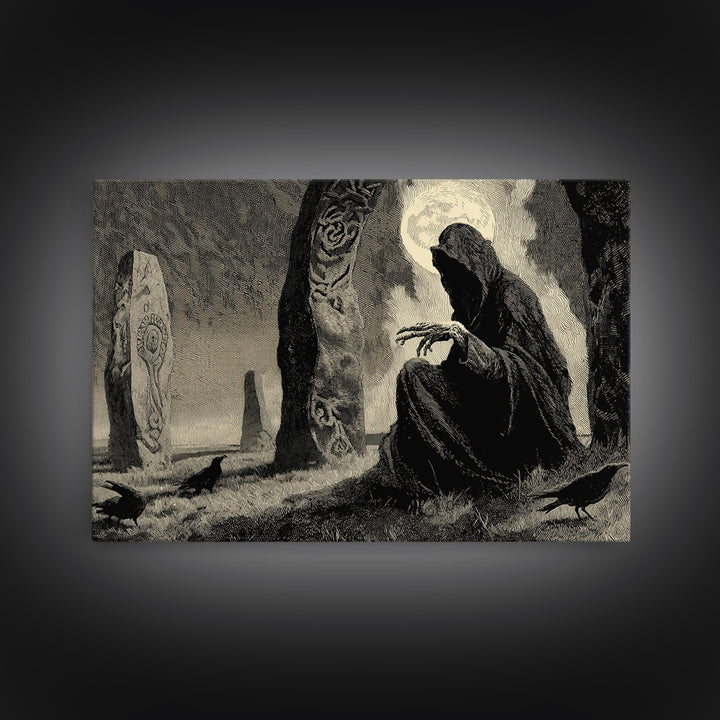 The Stone-Circle Spirit, Expressionist Nightmare Art, Landscape Wall Art, Macabre Wall Art, Framed Canvas Print, Halloween Wall Art