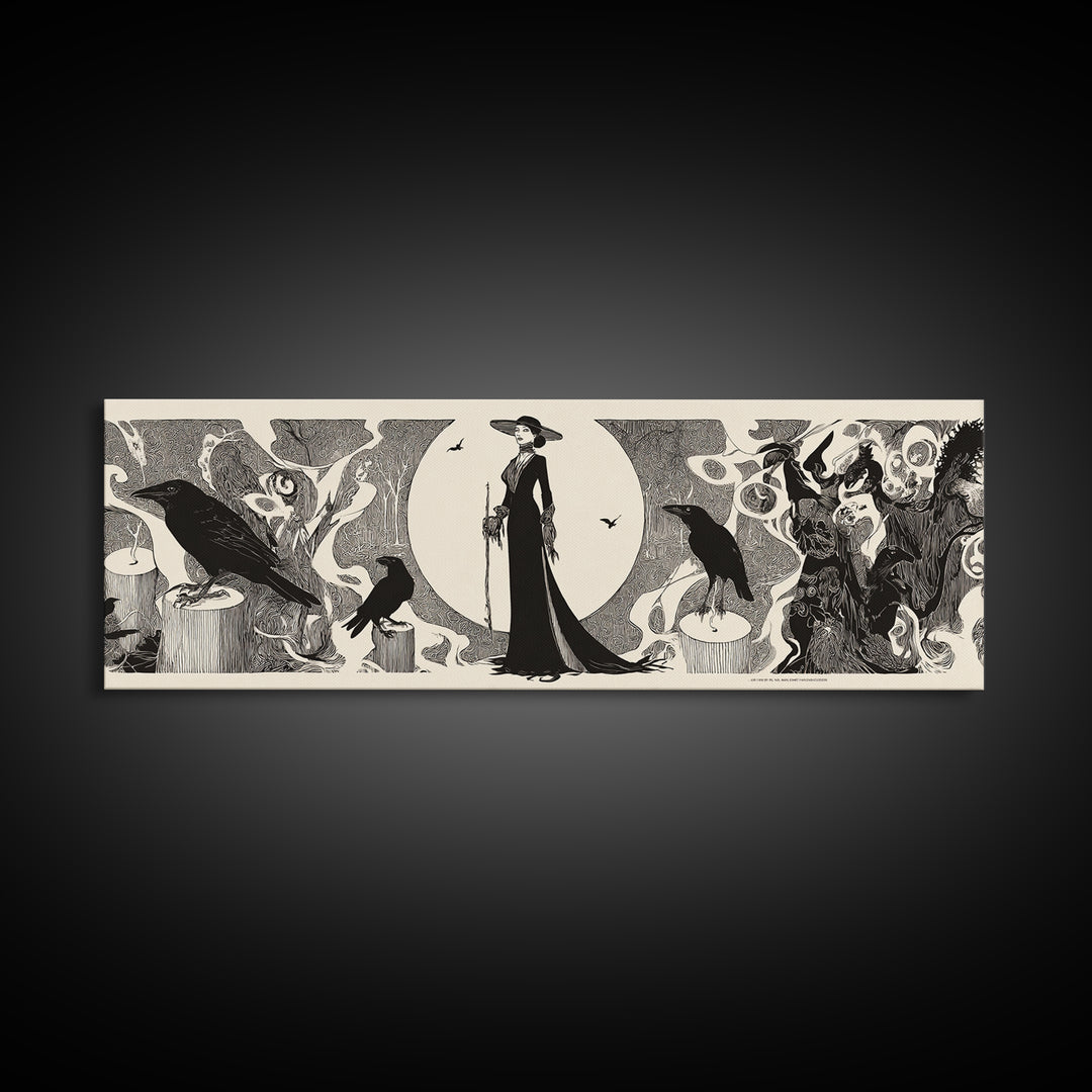The Stone-Circle Spirit, Decadent Line Art, Extra Wide Wall Art, Dark Halloween Decor, Canvas Print, Halloween Wall Art