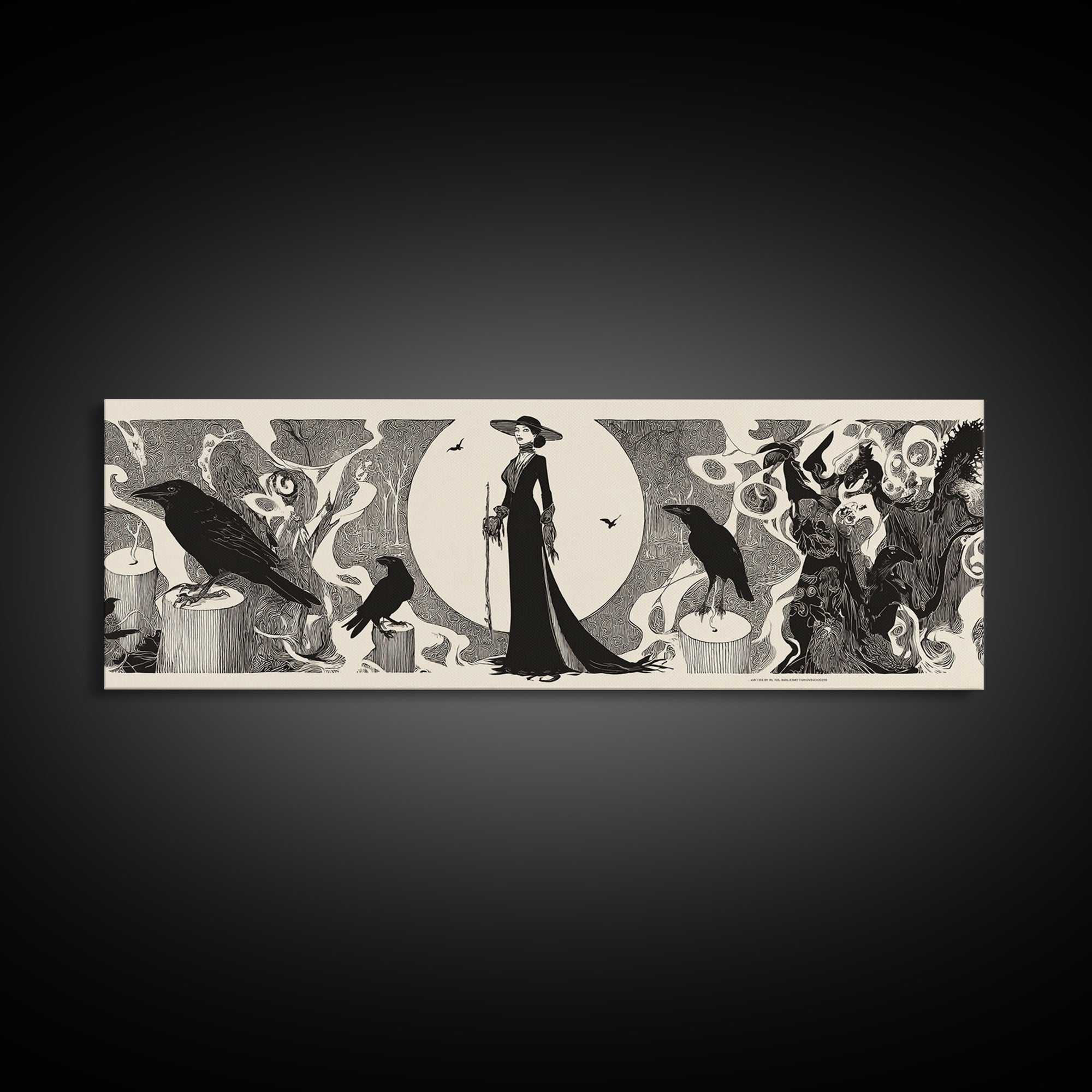 The Stone-Circle Spirit, Decadent Line Art, Extra Wide Wall Art, Dark Halloween Decor, Canvas Print, Halloween Wall Art