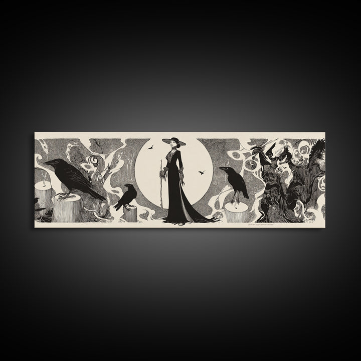 The Stone-Circle Spirit, Decadent Line Art, Extra Wide Wall Art, Dark Halloween Decor, Canvas Print, Halloween Wall Art