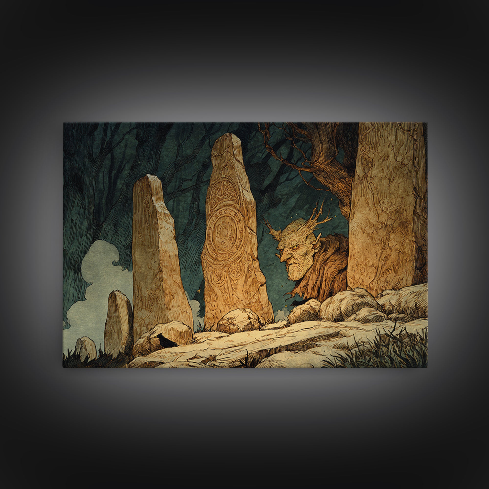 The Stone-Circle Spirit, Gothic Storybook Art, Landscape Wall Art, Gothic Horror Wall Art, Canvas Print, Halloween Wall Art