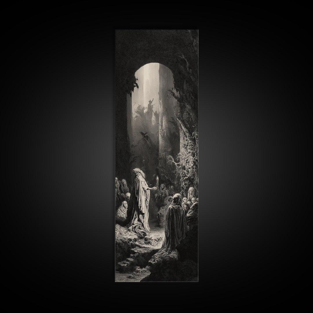 The Cave Oracle, Gothic Engraving Art, Tall Narrow Wall Art, Dark Halloween Decor, Framed Canvas Print, Halloween Wall Art