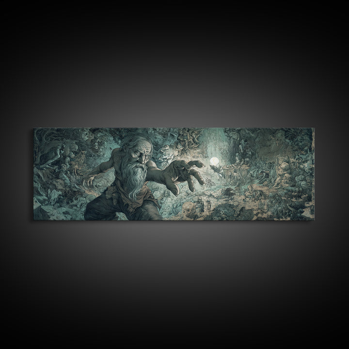The Cave Oracle, Medieval Grotesque Art, Extra Wide Wall Art, Dark Halloween Decor, Framed Canvas Print, Halloween Wall Art