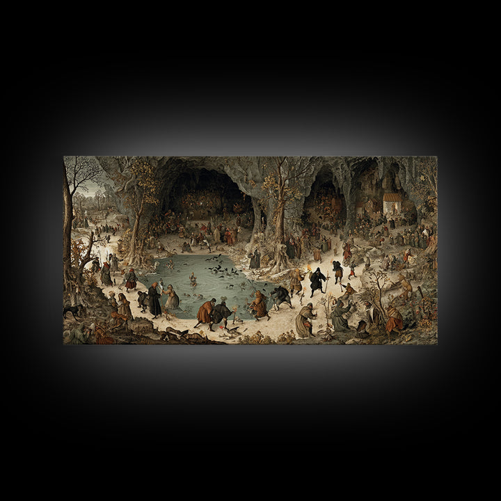 The Cave Oracle, Northern Renaissance Horror, Wide Panoramic Art, Gothic Horror Wall Art, Framed Canvas Print, Halloween Wall Art