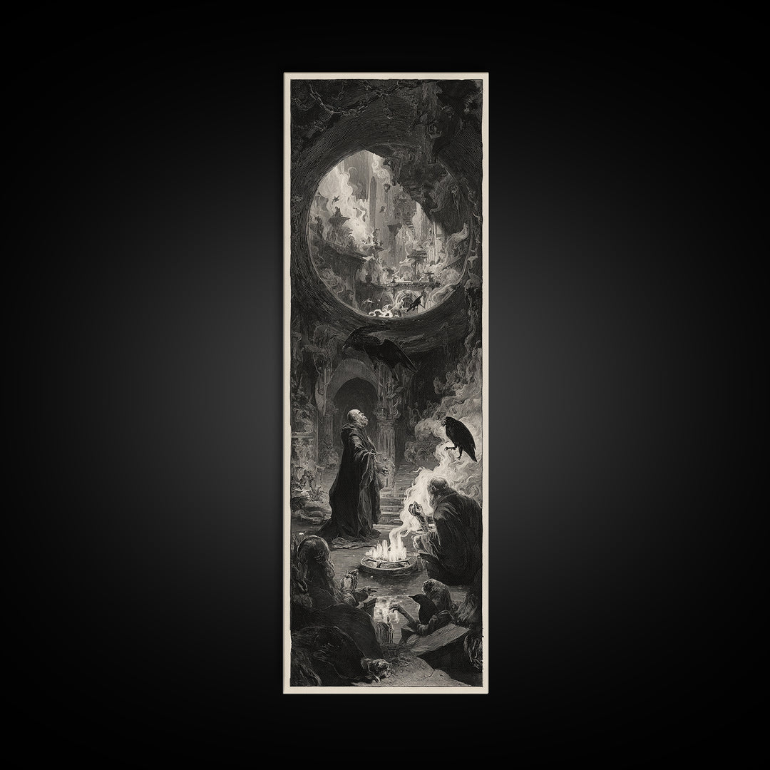 The Cave Oracle, Architectural Etching Art, Tall Narrow Wall Art, Dark Halloween Decor, Framed Canvas Print, Dark Fantasy Art