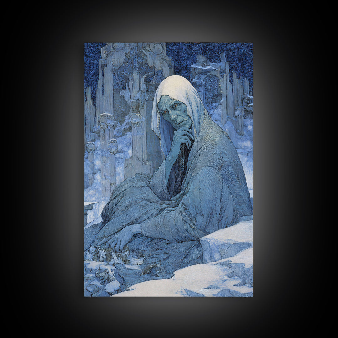 The Cave Oracle, Symbolist Death Art, Vertical Wall Art, Dark Fantasy Wall Art, Framed Canvas Print, Halloween Wall Art