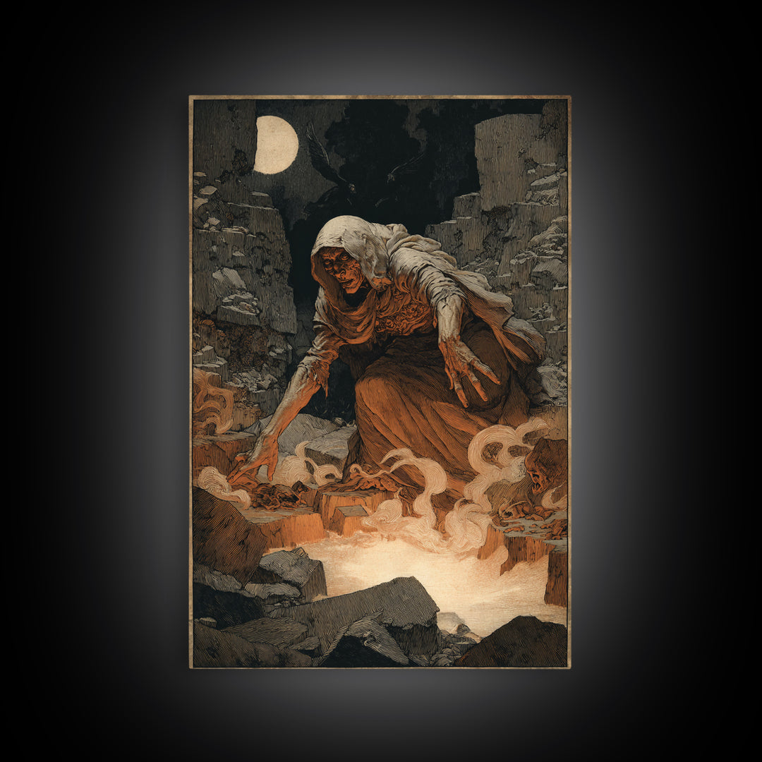 The Cave Oracle, Symbolist Etching Art, Vertical Wall Art, Dark Halloween Decor, Framed Canvas Print, Halloween Wall Art