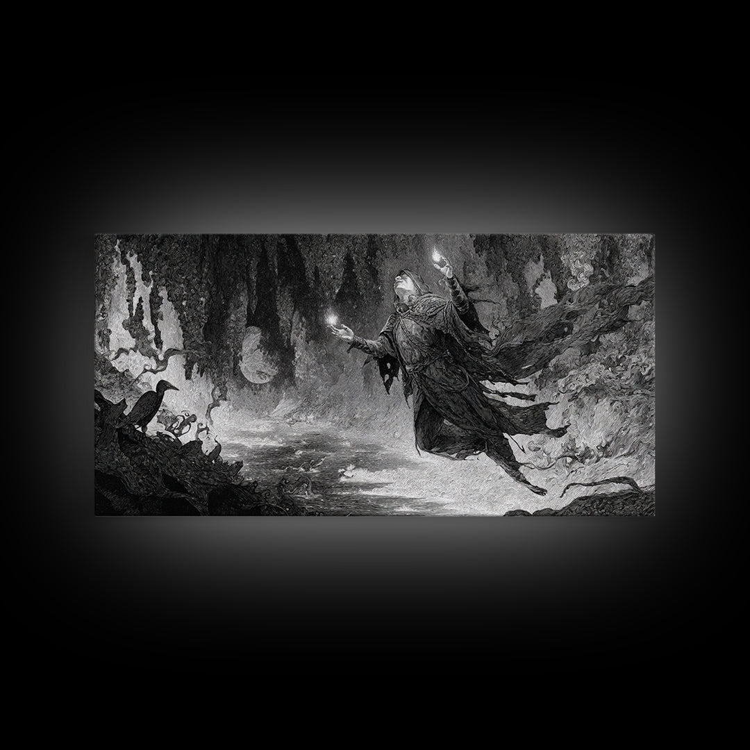 The Cave Oracle, Expressionist Nightmare Art, Wide Panoramic Art, Macabre Wall Art, Framed Canvas Print, Halloween Wall Art, Horror Wall Art