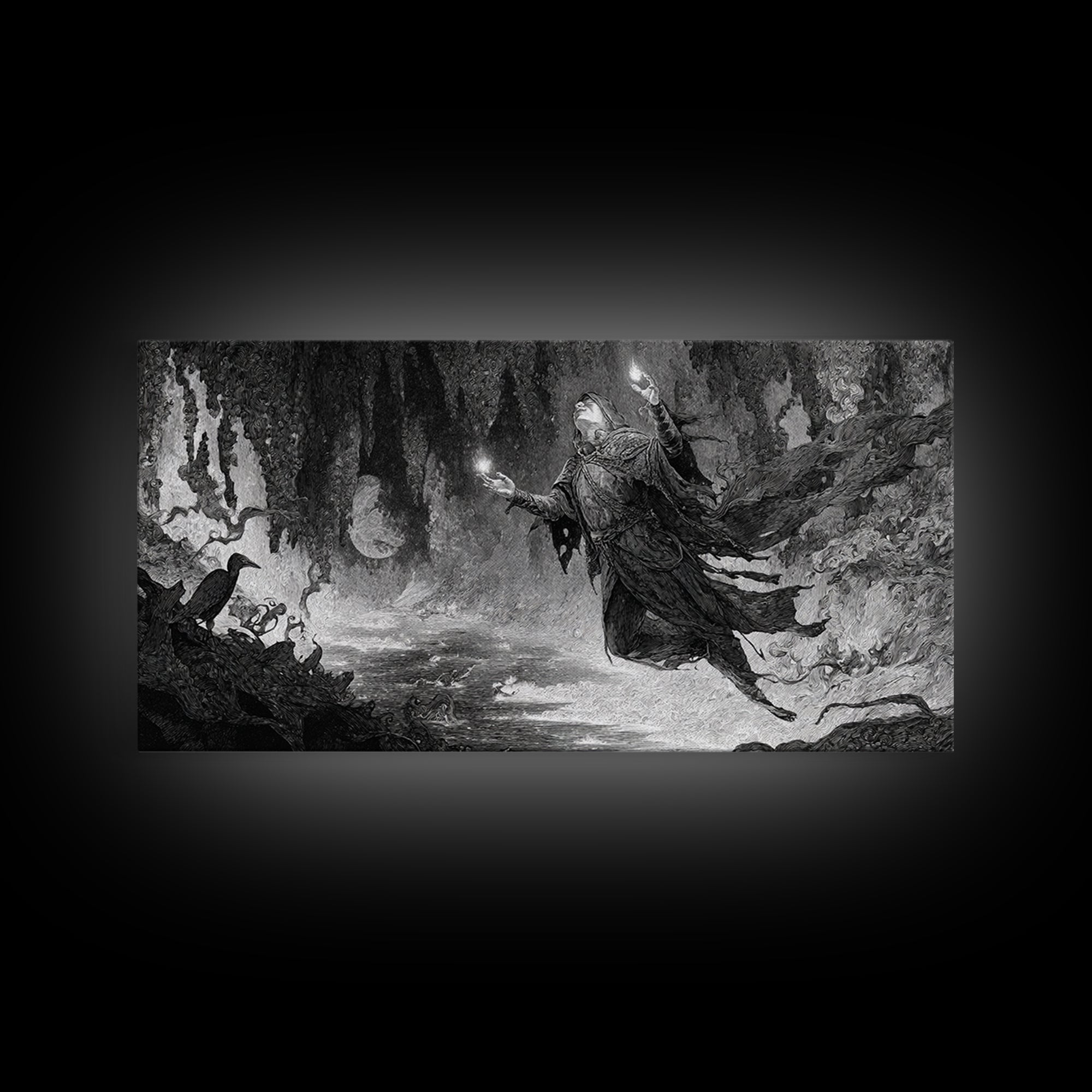 The Cave Oracle, Expressionist Nightmare Art, Wide Panoramic Art, Macabre Wall Art, Framed Canvas Print, Halloween Wall Art, Horror Wall Art