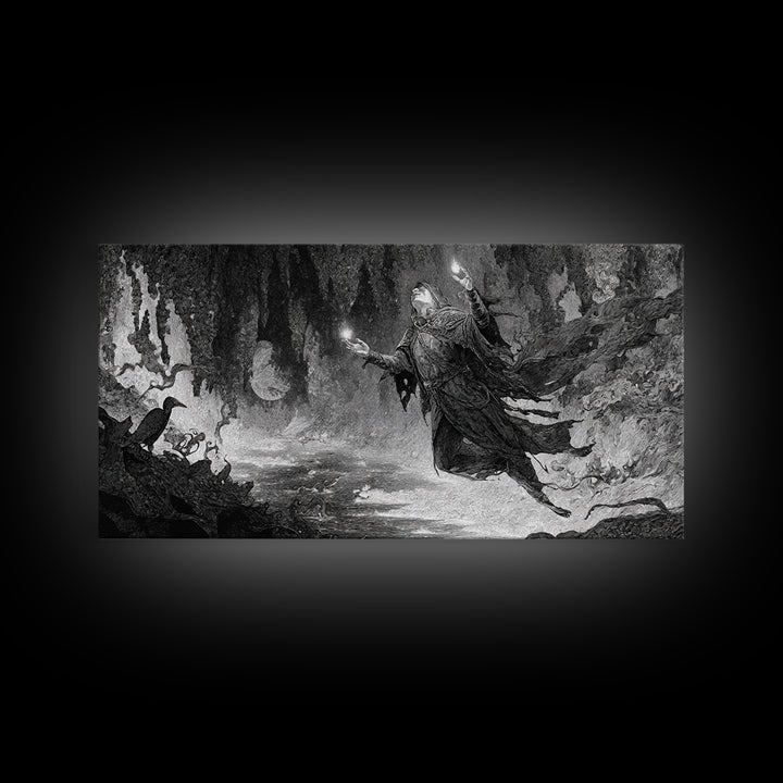 The Cave Oracle, Expressionist Nightmare Art, Wide Panoramic Art, Macabre Wall Art, Framed Canvas Print, Halloween Wall Art, Horror Wall Art