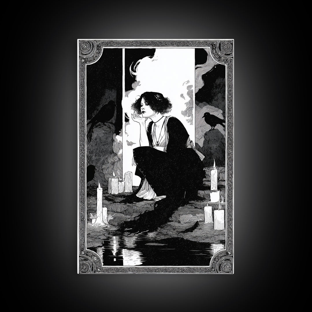 The Cave Oracle, Decadent Line Art, Vertical Wall Art, Gothic Horror Wall Art, Canvas Print, Halloween Wall Art