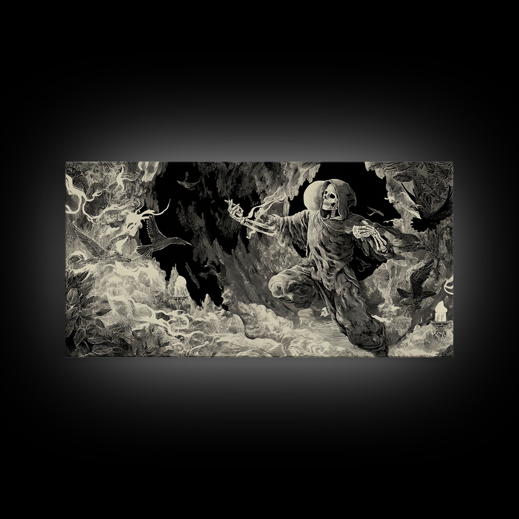 The Cave Oracle, Macabre Folk Print Art, Wide Panoramic Art, Dark Fantasy Wall Art, Framed Canvas Print, Halloween Wall Art