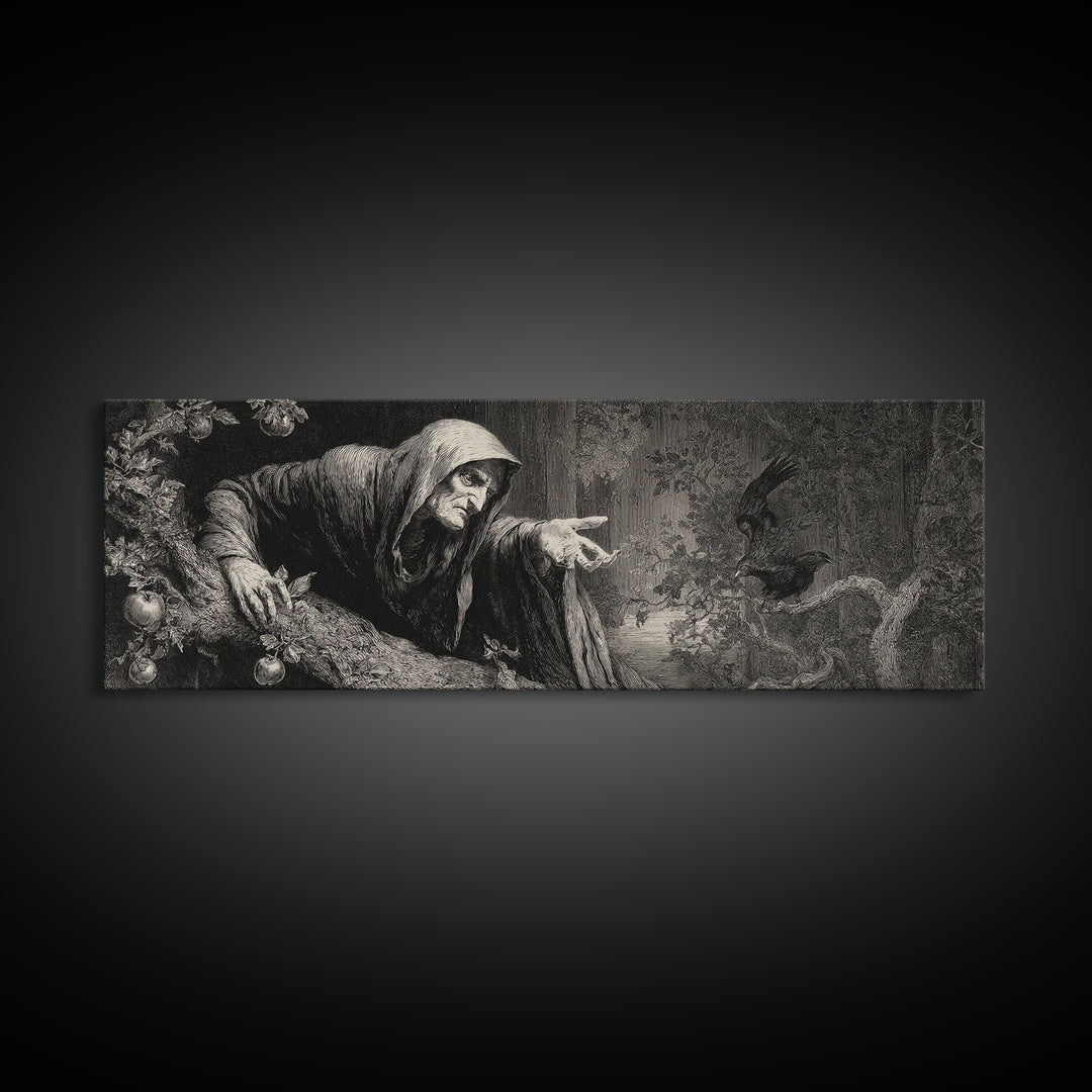 The Orchard Hag, Gothic Engraving Art, Extra Wide Wall Art, Gothic Horror Wall Art, Framed Canvas Print, Halloween Wall Art