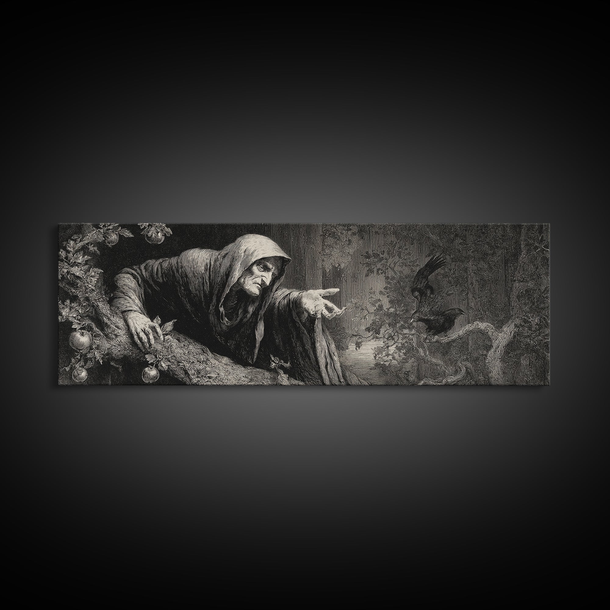 The Orchard Hag, Gothic Engraving Art, Extra Wide Wall Art, Gothic Horror Wall Art, Framed Canvas Print, Halloween Wall Art