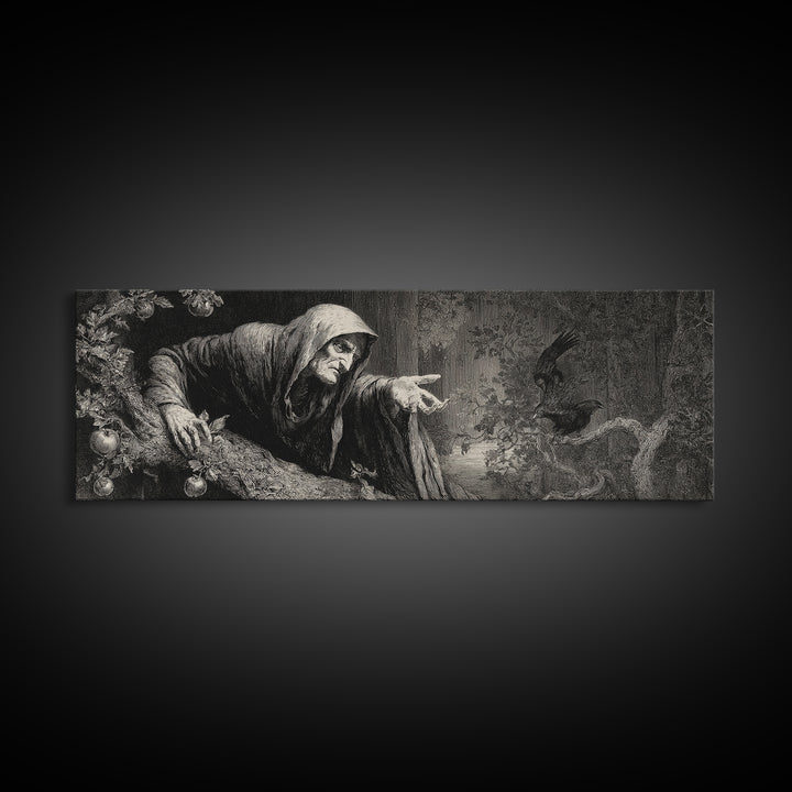 The Orchard Hag, Gothic Engraving Art, Extra Wide Wall Art, Gothic Horror Wall Art, Framed Canvas Print, Halloween Wall Art