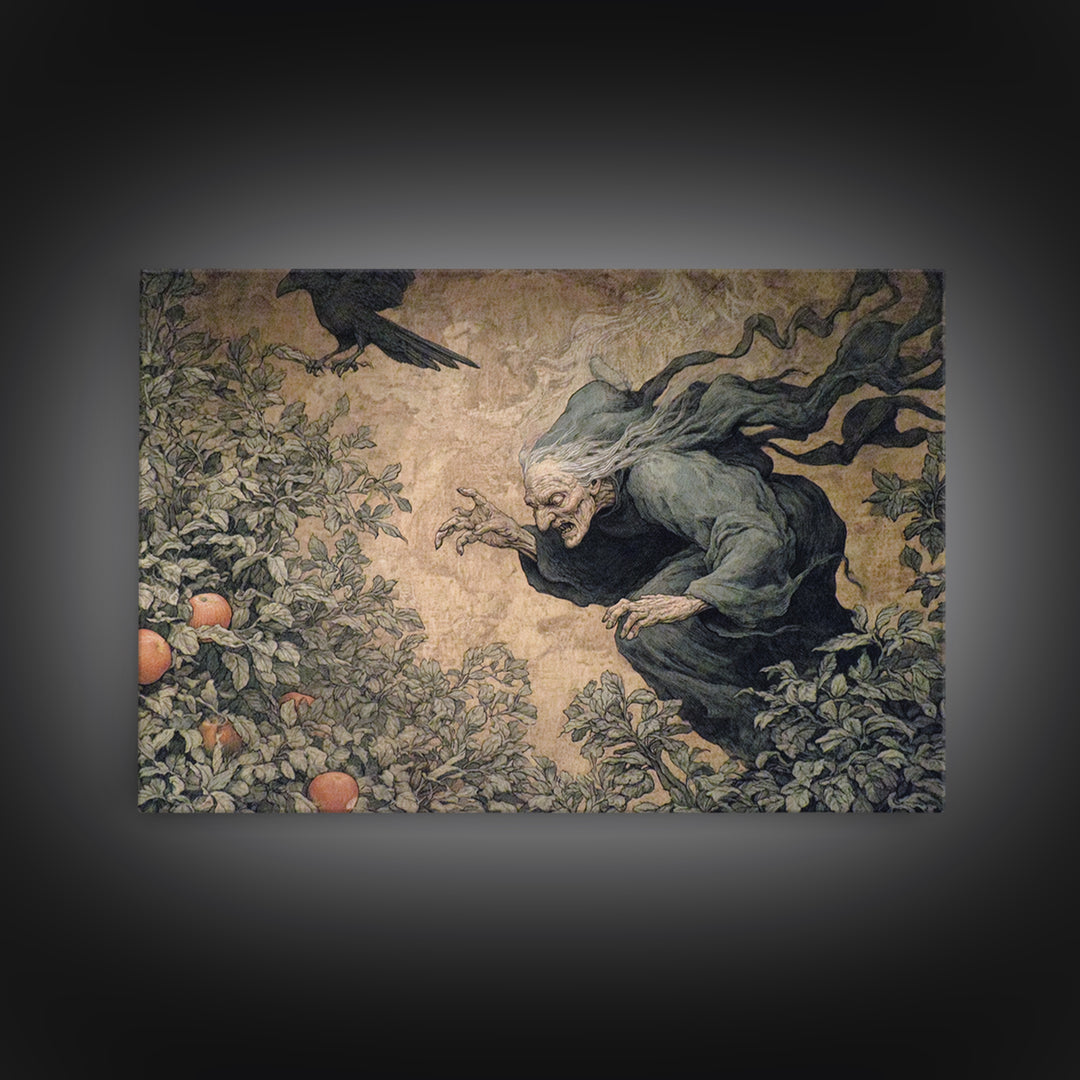 The Orchard Hag, Medieval Grotesque Art, Landscape Wall Art, Dark Halloween Decor, Framed Canvas Print, Halloween Wall Art