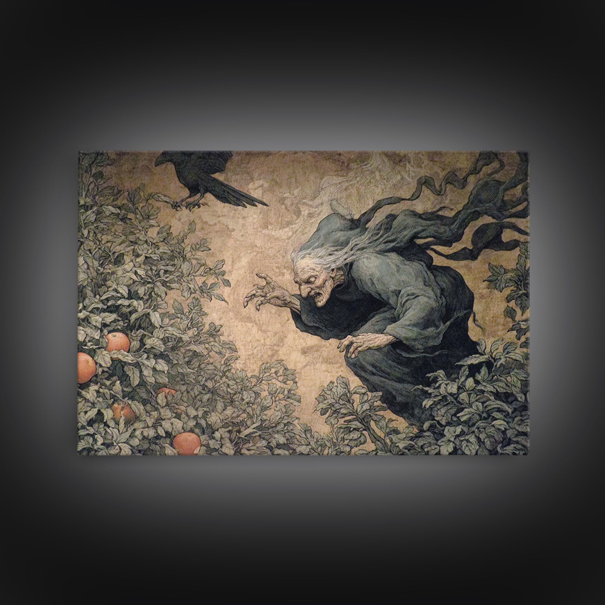 The Orchard Hag, Medieval Grotesque Art, Landscape Wall Art, Dark Halloween Decor, Framed Canvas Print, Halloween Wall Art