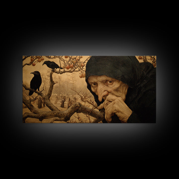 The Orchard Hag, Northern Renaissance Horror, Wide Panoramic Art, Macabre Wall Art, Canvas Print, Halloween Wall Art