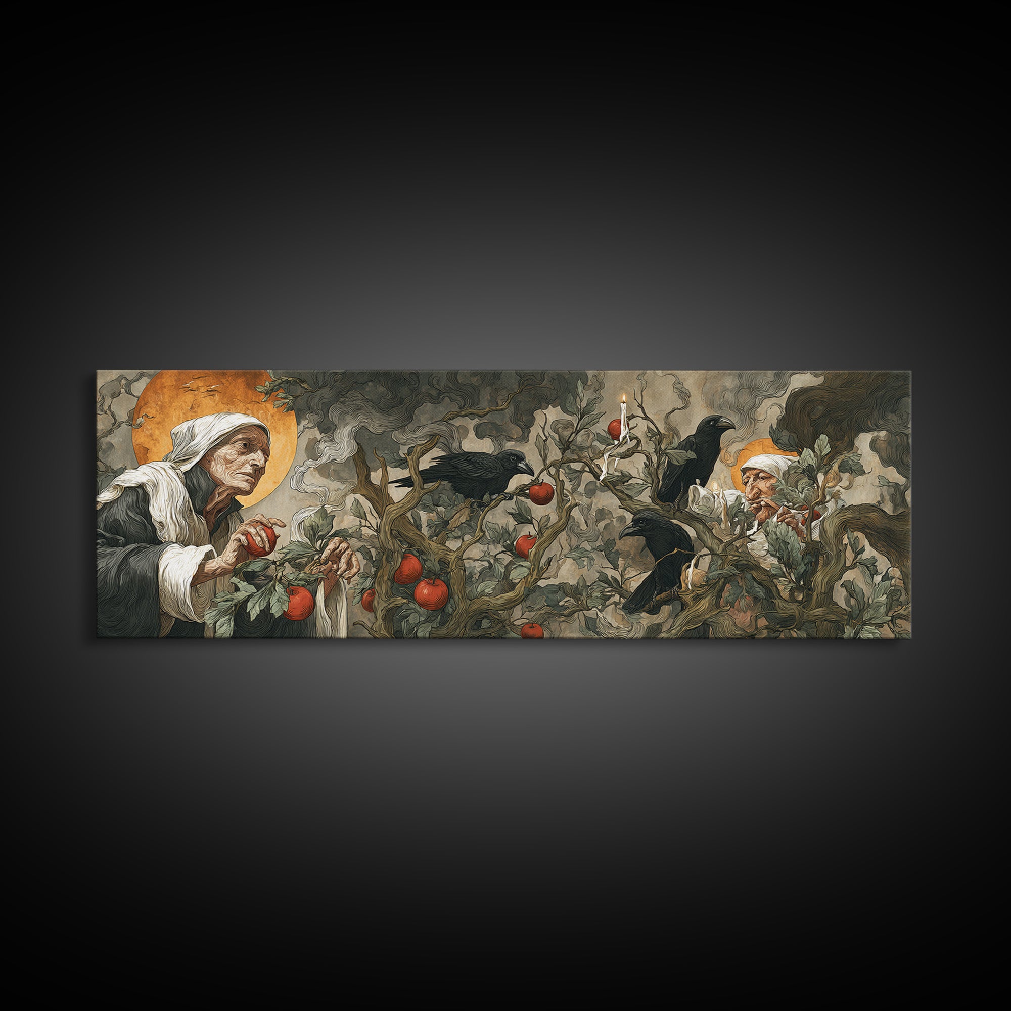 The Orchard Hag, Dark Renaissance Art, Extra Wide Wall Art, Dark Fantasy Wall Art, Canvas Print, Halloween Wall Art