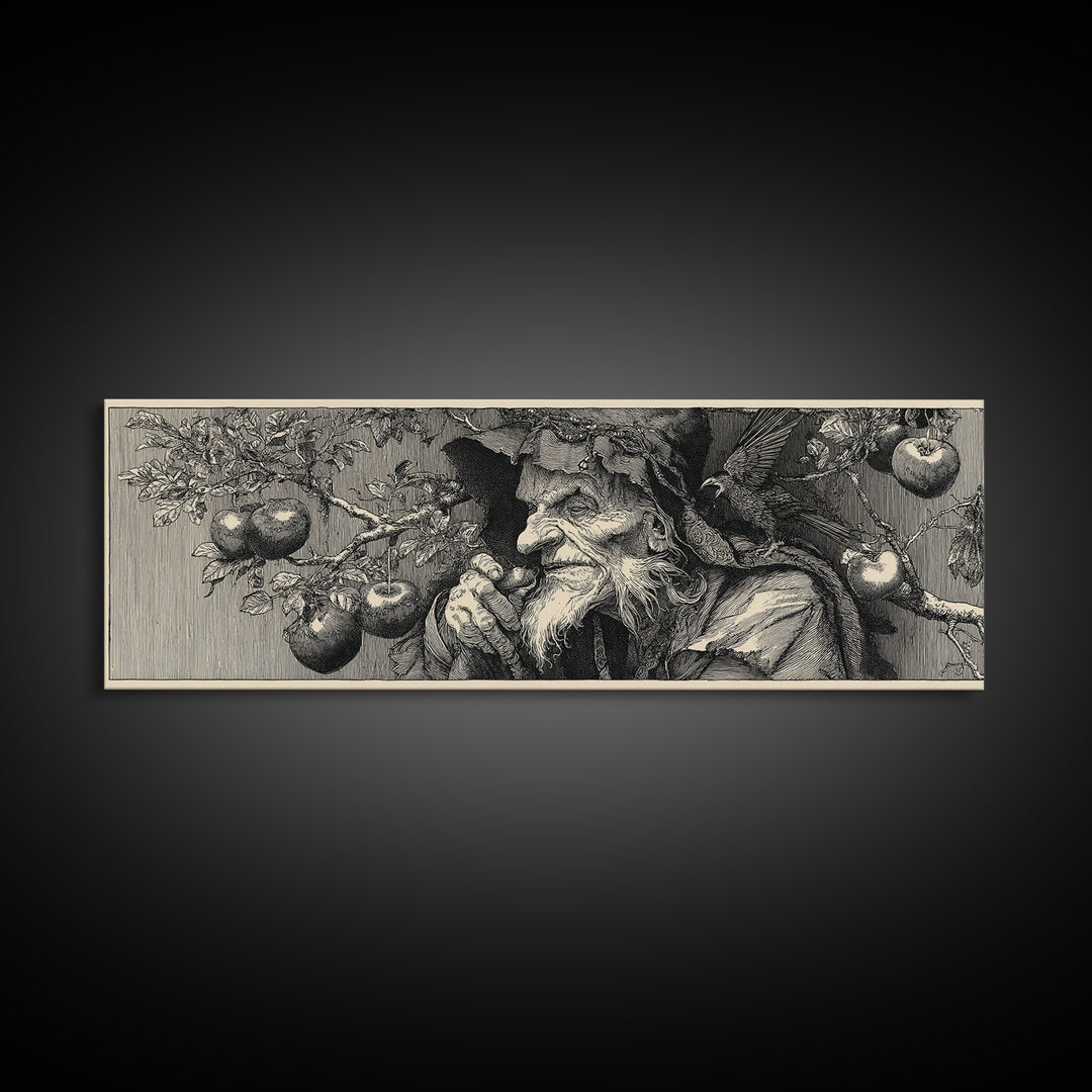 The Orchard Hag, Renaissance Engraving Art, Extra Wide Wall Art, Macabre Wall Art, Canvas Print, Halloween Wall Art, Dark Fantasy Art