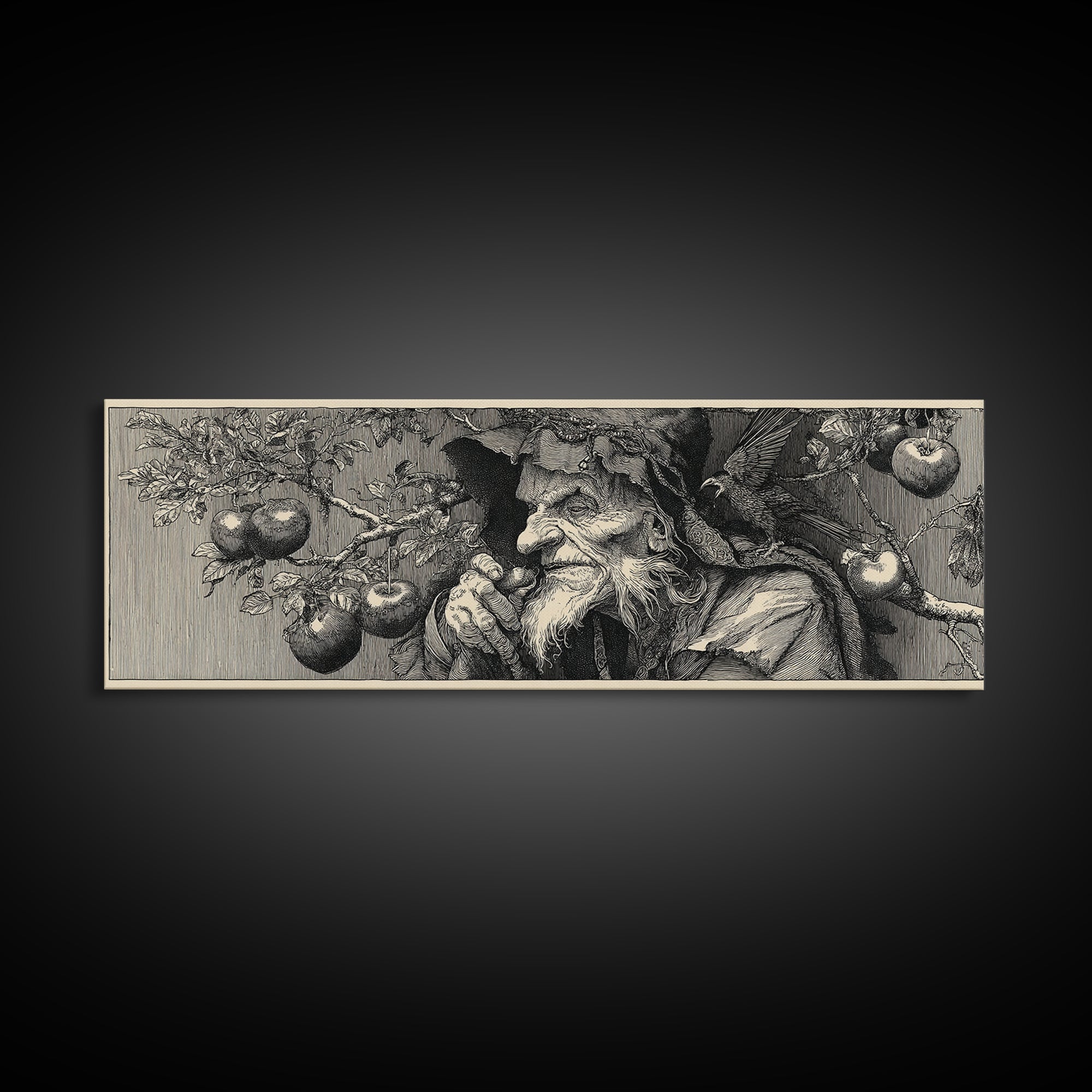 The Orchard Hag, Renaissance Engraving Art, Extra Wide Wall Art, Macabre Wall Art, Canvas Print, Halloween Wall Art, Dark Fantasy Art