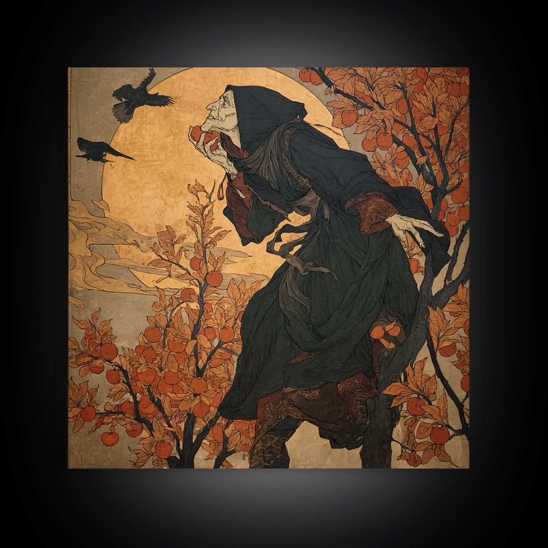 The Orchard Hag, Symbolist Etching Art, Square Wall Art, Dark Halloween Decor, Canvas Print, Halloween Wall Art, Statement Wall Art