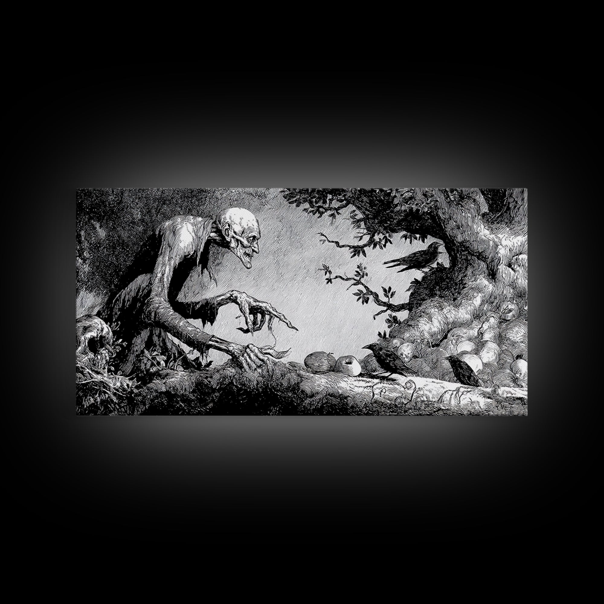 The Orchard Hag, Expressionist Nightmare Art, Wide Panoramic Art, Dark Halloween Decor, Canvas Print, Halloween Wall Art