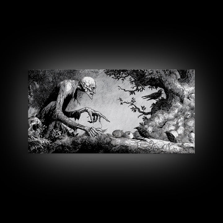 The Orchard Hag, Expressionist Nightmare Art, Wide Panoramic Art, Dark Halloween Decor, Canvas Print, Halloween Wall Art