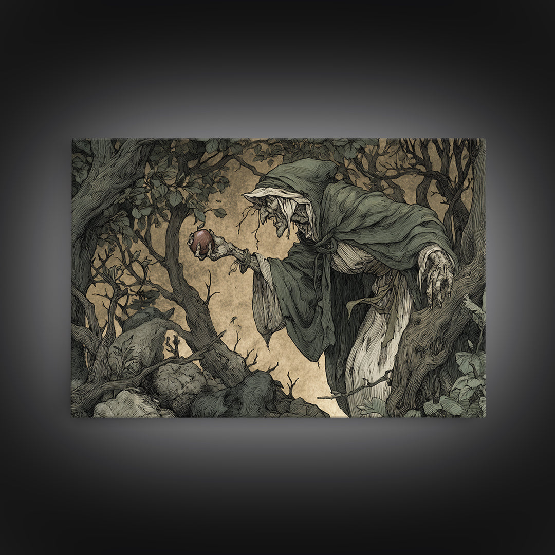 The Orchard Hag, Gothic Storybook Art, Landscape Wall Art, Dark Halloween Decor, Framed Canvas Print, Halloween Wall Art