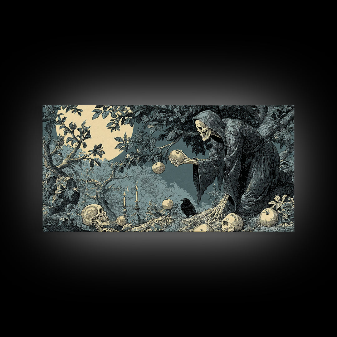 The Orchard Hag, Macabre Folk Print Art, Wide Panoramic Art, Macabre Wall Art, Canvas Print, Halloween Wall Art