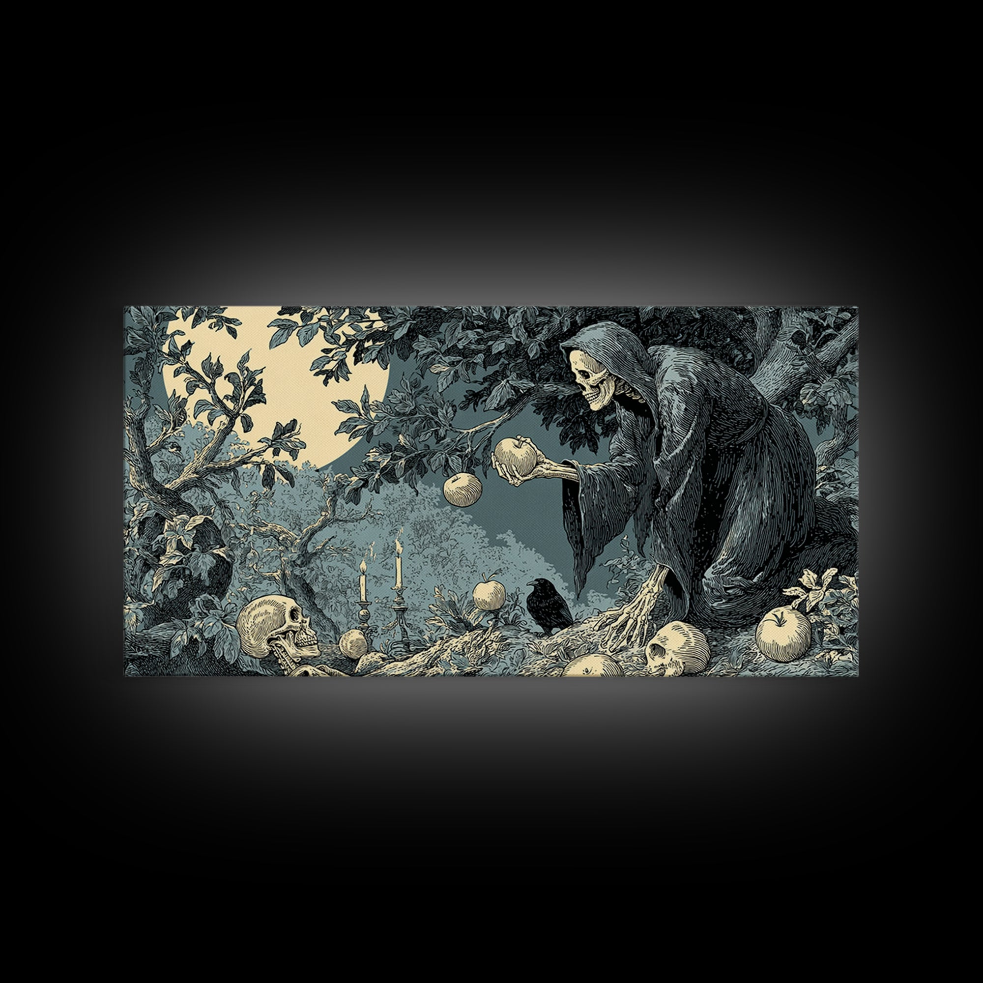 The Orchard Hag, Macabre Folk Print Art, Wide Panoramic Art, Macabre Wall Art, Canvas Print, Halloween Wall Art