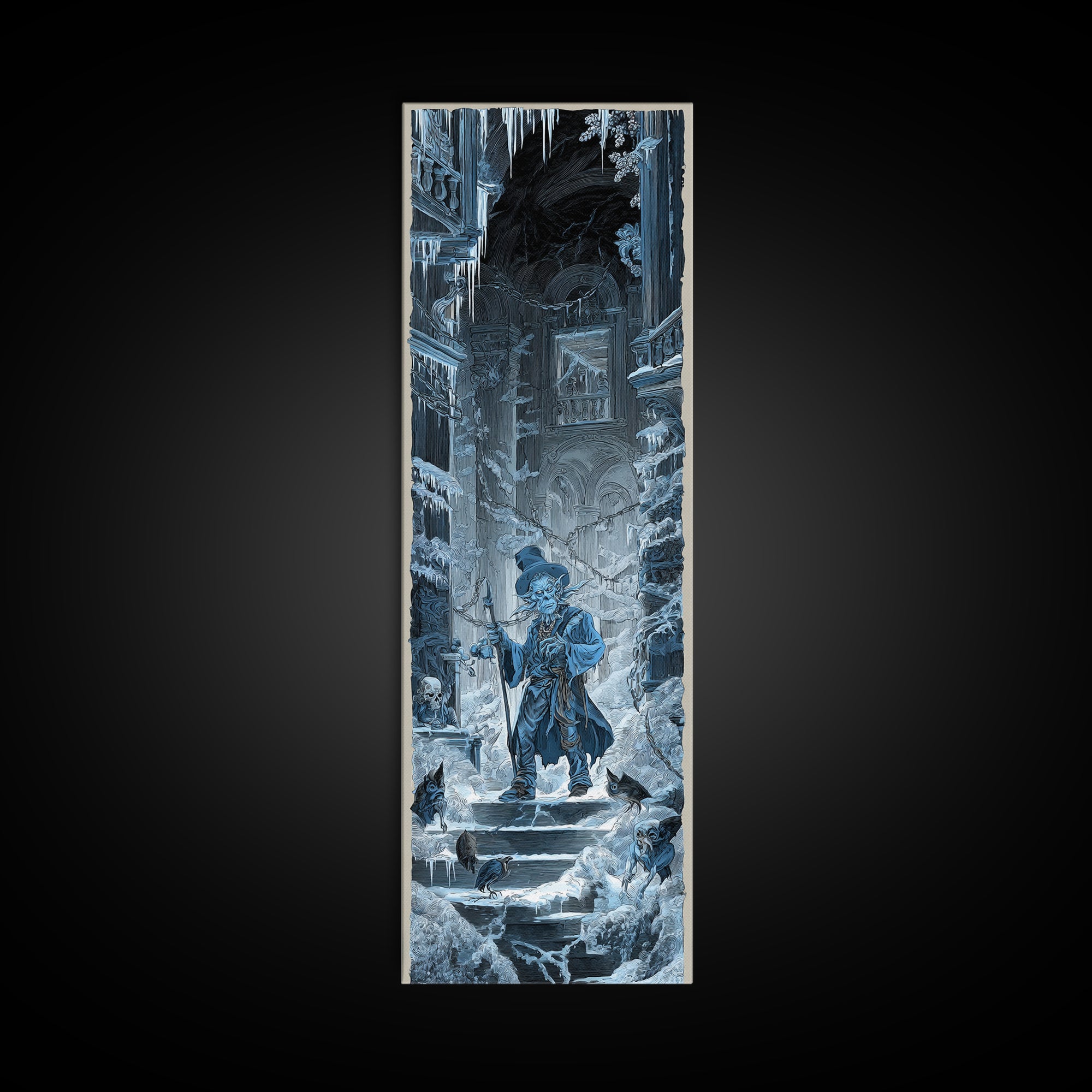 The Frost Goblin, Architectural Etching Art, Tall Narrow Wall Art, Gothic Horror Wall Art, Framed Canvas Print