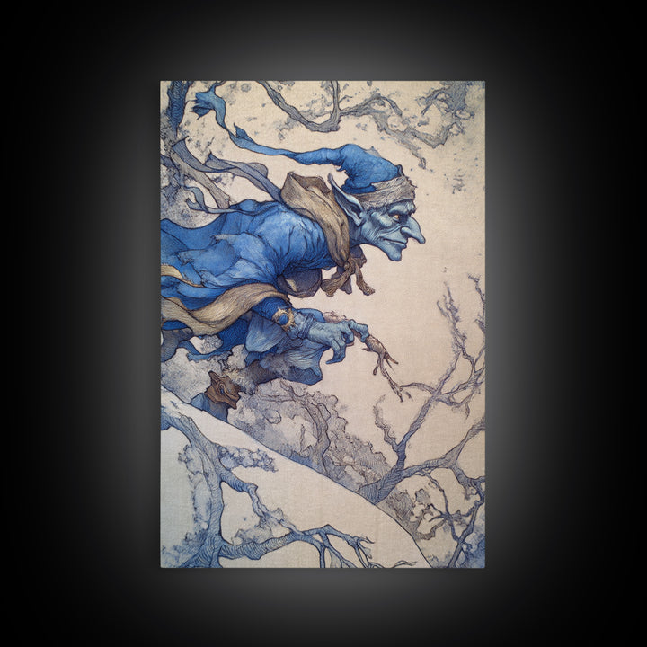 The Frost Goblin, Gothic Storybook Art, Vertical Wall Art, Dark Halloween Decor, Framed Canvas Print, Halloween Wall Art