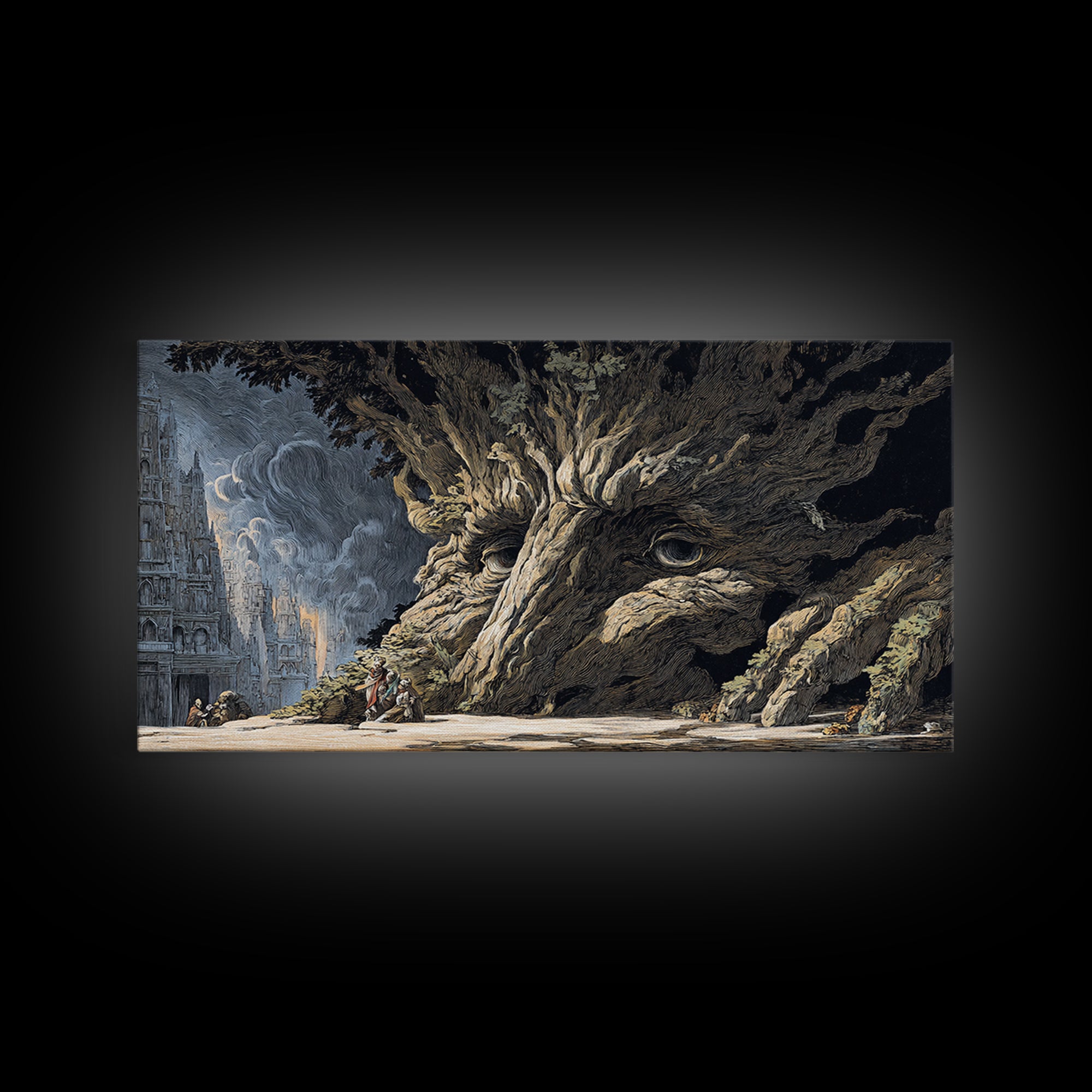 The Hollow-Tree Monster, Apocalyptic Romantic Art, Wide Panoramic Art, Dark Fantasy Wall Art, Framed Canvas Print, Halloween Wall Art