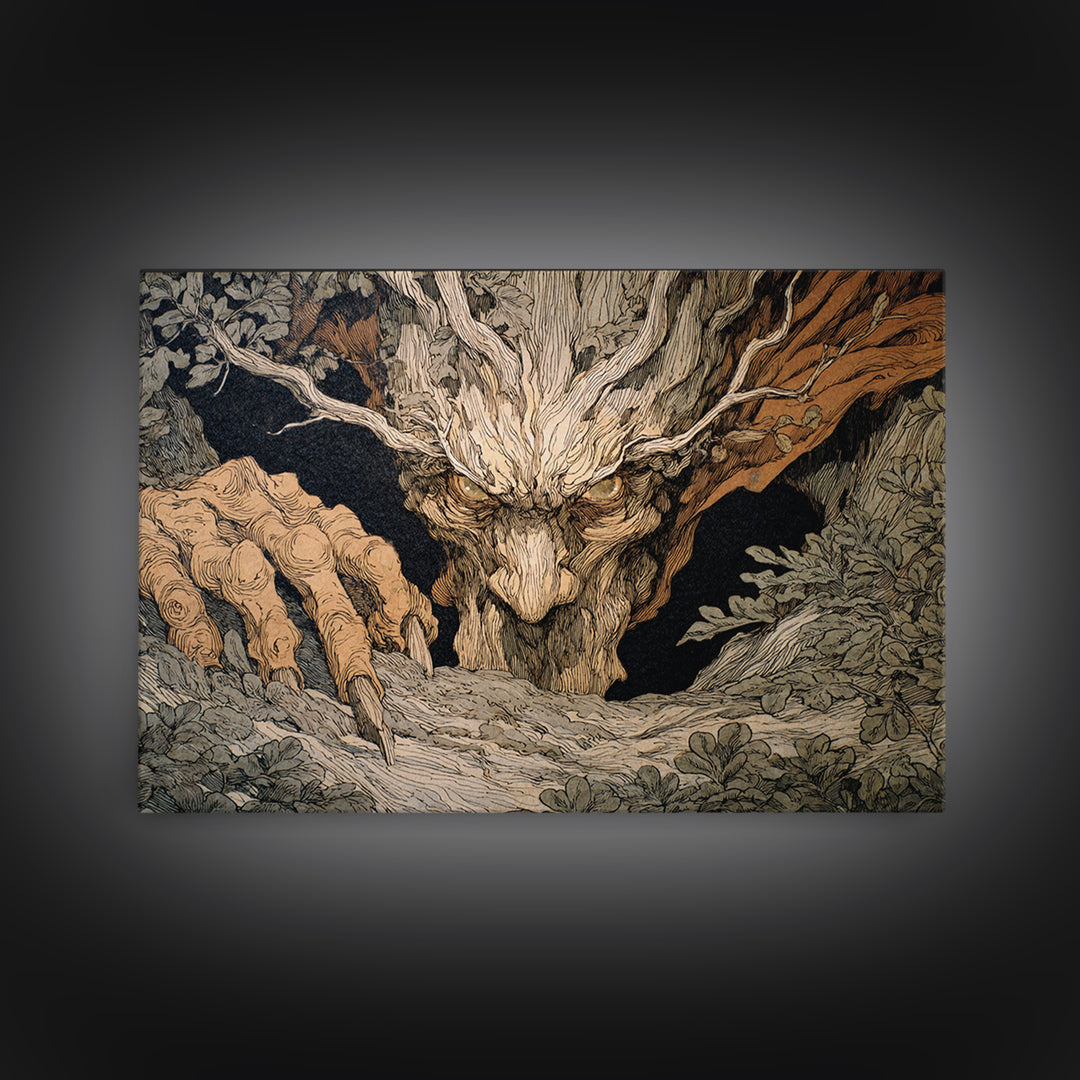 The Hollow-Tree Monster, Gothic Storybook Art, Landscape Wall Art, Dark Halloween Decor, Framed Canvas Print, Halloween Wall Art