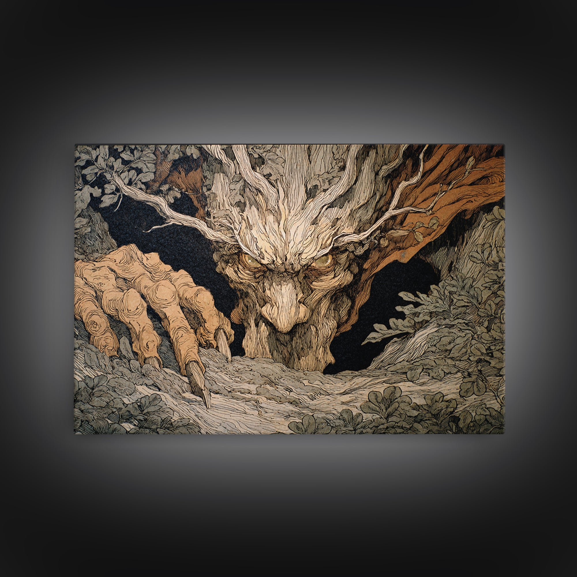The Hollow-Tree Monster, Gothic Storybook Art, Landscape Wall Art, Dark Halloween Decor, Framed Canvas Print, Halloween Wall Art