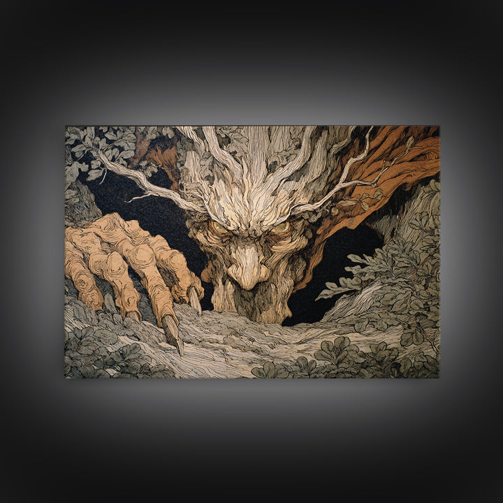 The Hollow-Tree Monster, Gothic Storybook Art, Landscape Wall Art, Dark Halloween Decor, Framed Canvas Print, Halloween Wall Art