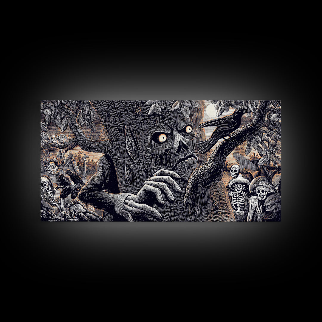 The Hollow-Tree Monster, Macabre Folk Print Art, Wide Panoramic Art, Macabre Wall Art, Framed Canvas Print, Halloween Wall Art
