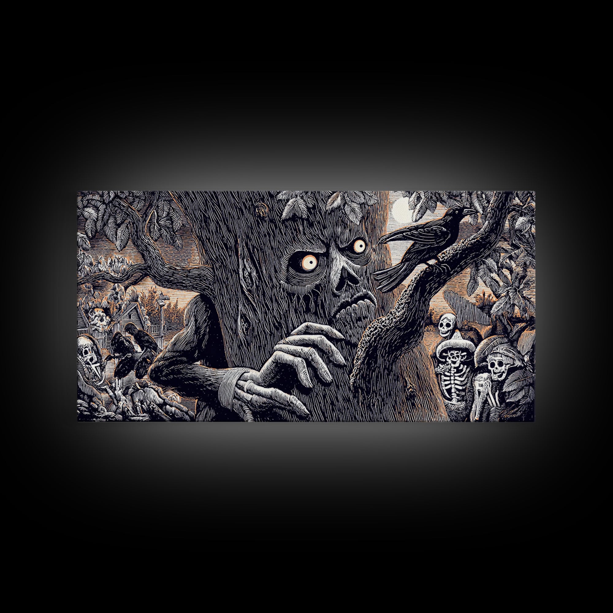 The Hollow-Tree Monster, Macabre Folk Print Art, Wide Panoramic Art, Macabre Wall Art, Framed Canvas Print, Halloween Wall Art