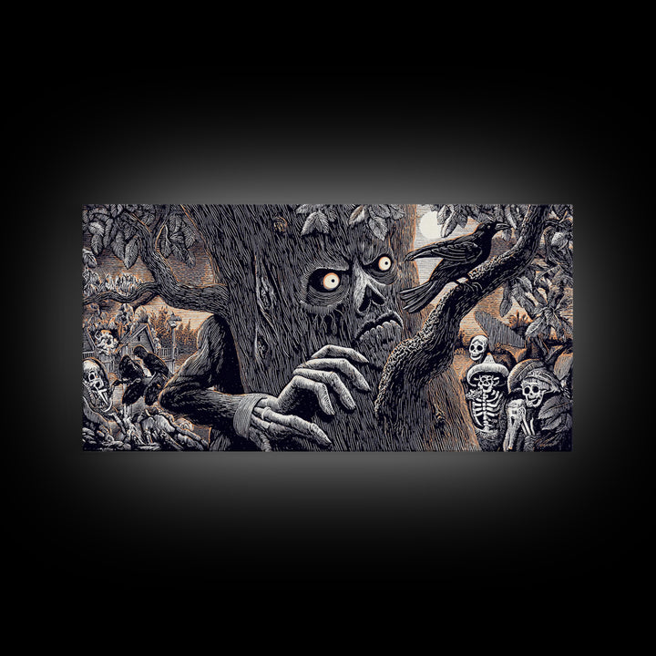The Hollow-Tree Monster, Macabre Folk Print Art, Wide Panoramic Art, Macabre Wall Art, Framed Canvas Print, Halloween Wall Art