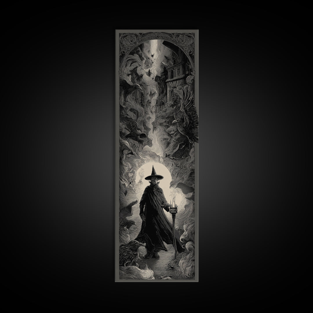The Crossroads Spirit, Gothic Engraving Art, Tall Narrow Wall Art, Dark Halloween Decor, Framed Canvas Print, Halloween Wall Art