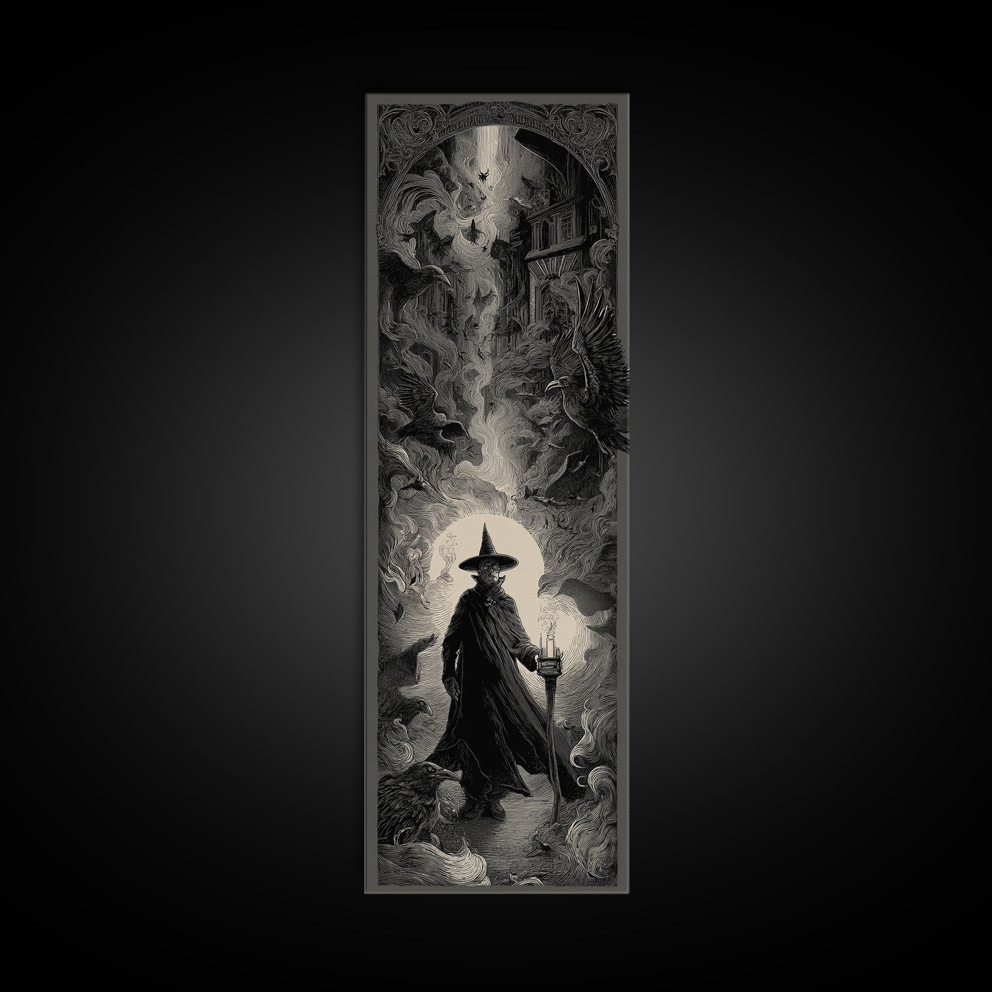 The Crossroads Spirit, Gothic Engraving Art, Tall Narrow Wall Art, Dark Halloween Decor, Framed Canvas Print, Halloween Wall Art