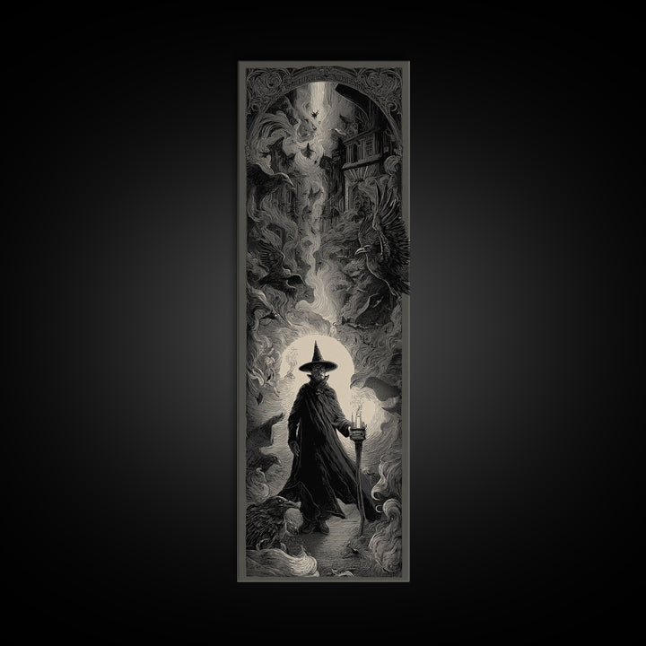 The Crossroads Spirit, Gothic Engraving Art, Tall Narrow Wall Art, Dark Halloween Decor, Framed Canvas Print, Halloween Wall Art