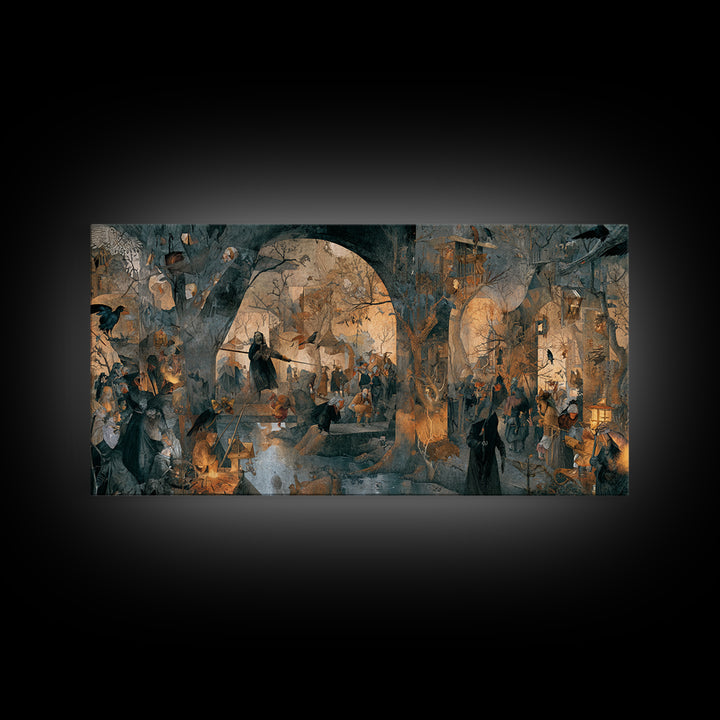 The Crossroads Spirit, Northern Renaissance Horror, Wide Panoramic Art, Macabre Wall Art, Framed Canvas Print, Halloween Wall Art