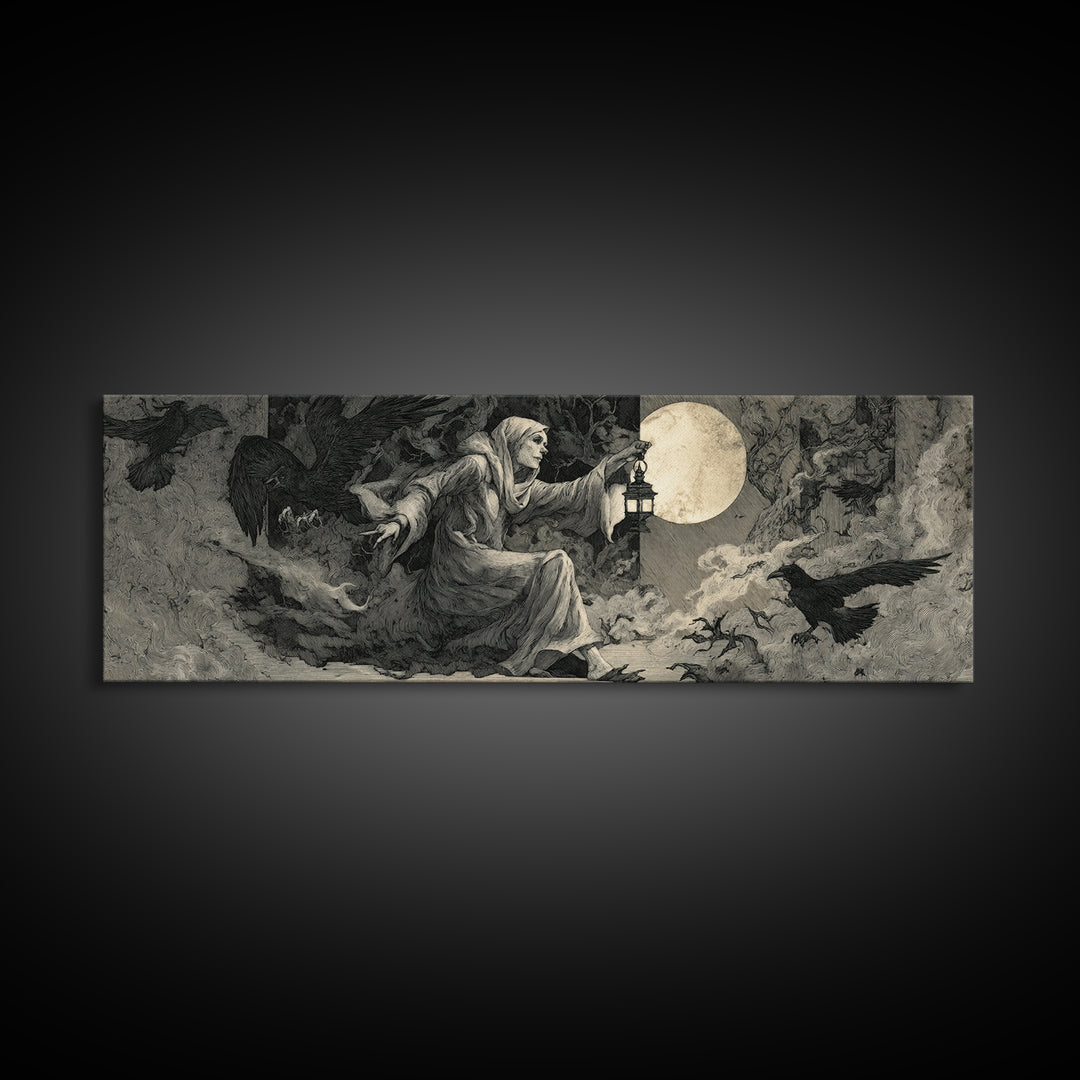 The Crossroads Spirit, Visionary Gothic Art, Extra Wide Wall Art, Dark Halloween Decor, Canvas Print, Halloween Wall Art