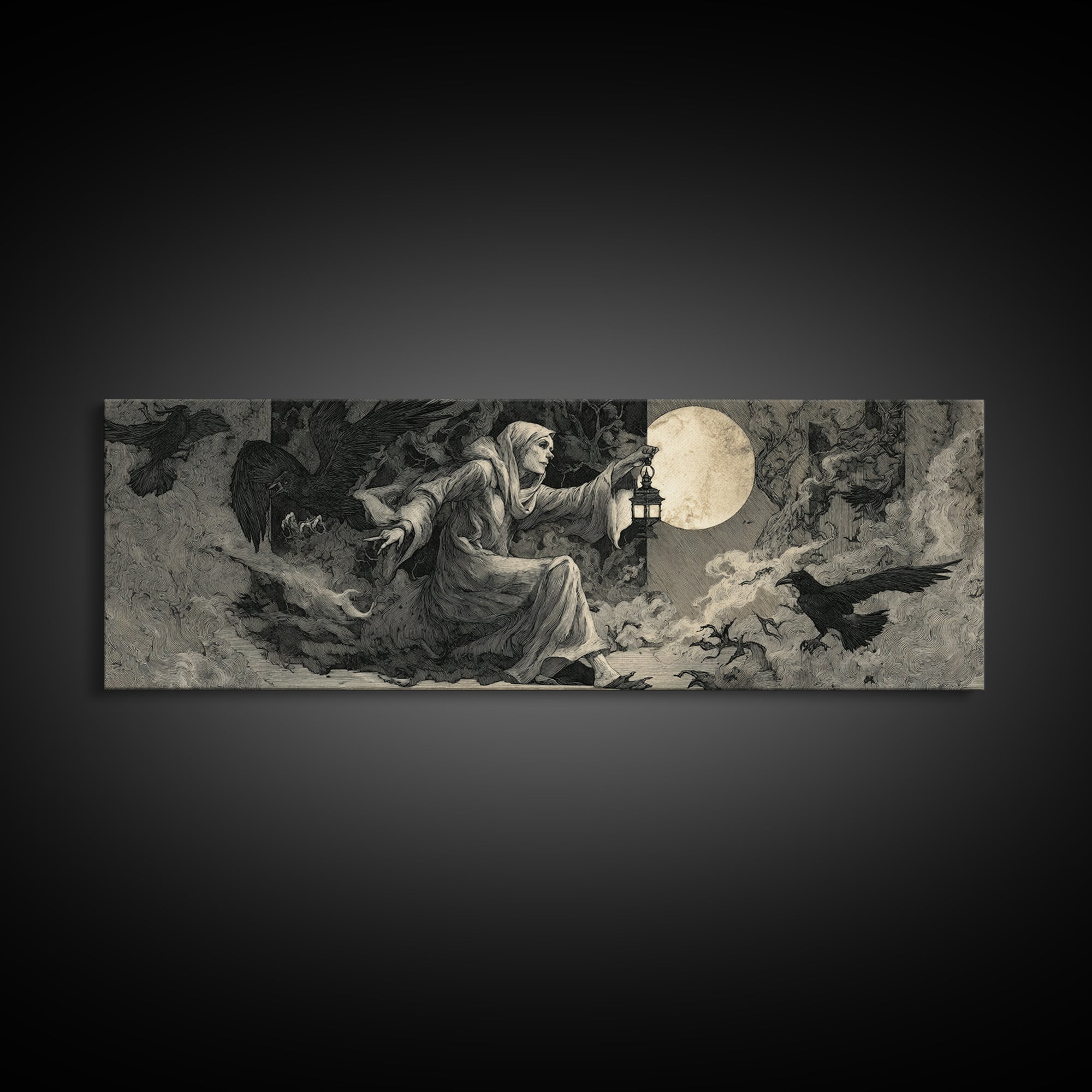 The Crossroads Spirit, Visionary Gothic Art, Extra Wide Wall Art, Dark Halloween Decor, Canvas Print, Halloween Wall Art