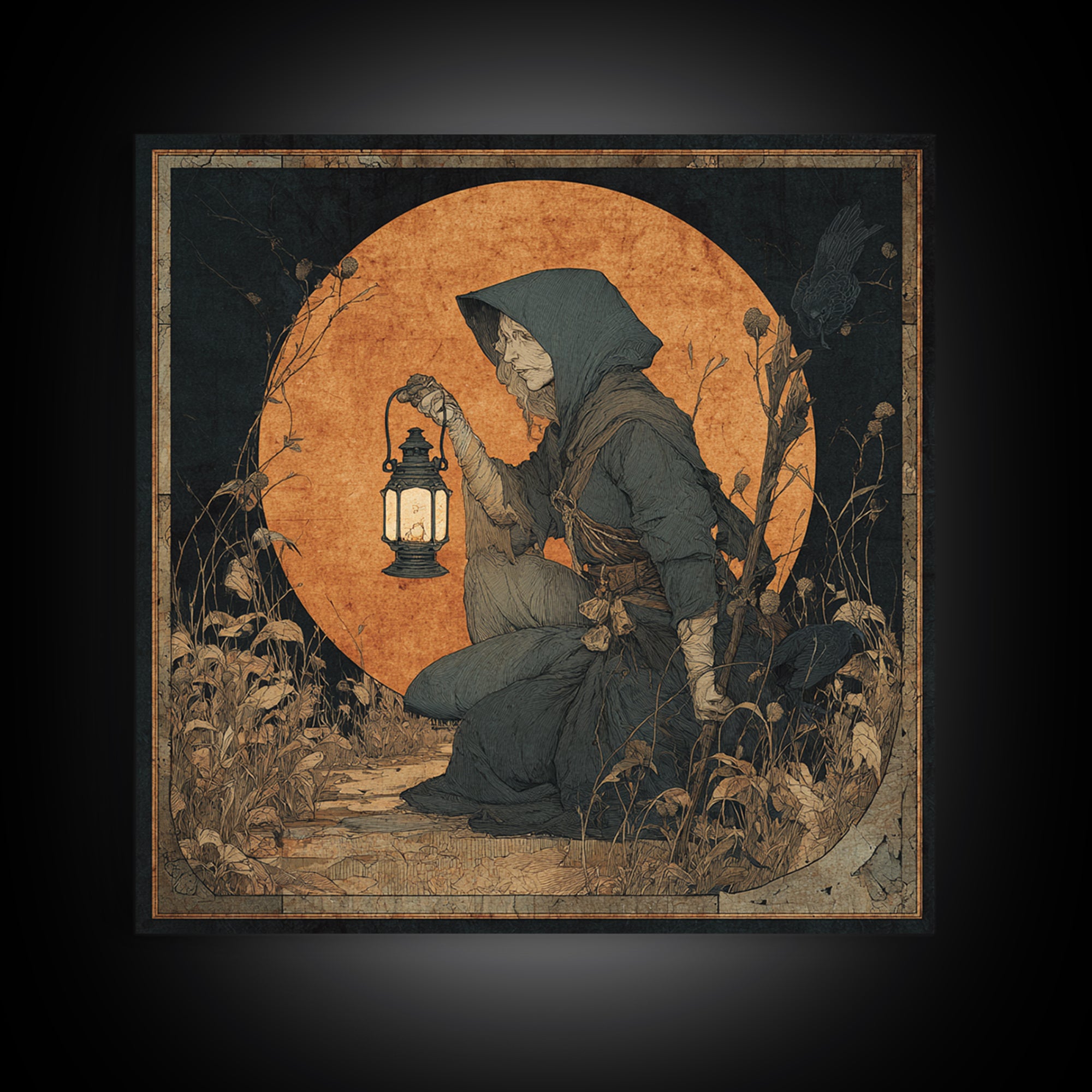 The Crossroads Spirit, Symbolist Etching Art, Square Wall Art, Dark Fantasy Wall Art, Framed Canvas Print, Halloween Wall Art