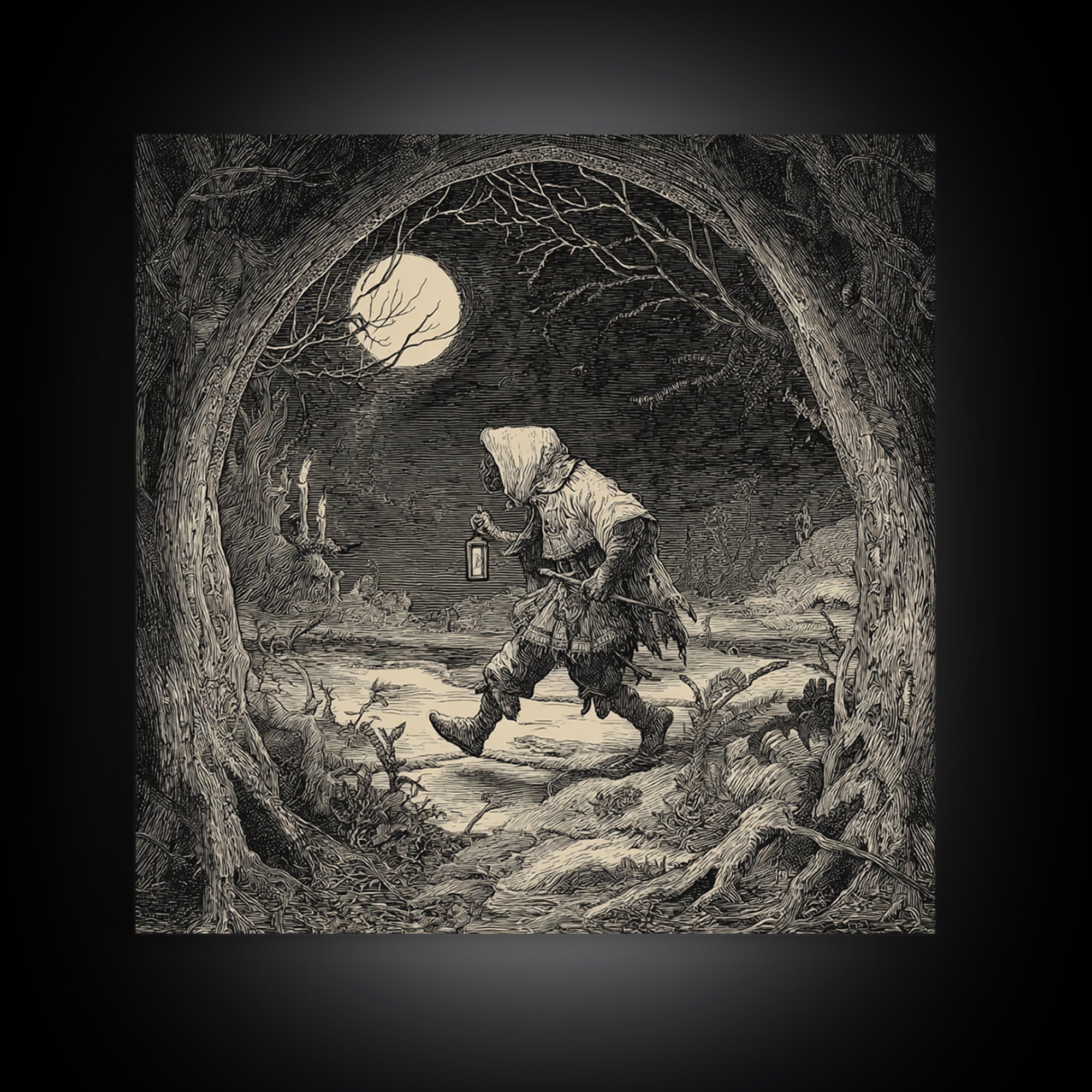 The Crossroads Spirit, Expressionist Nightmare Art, Square Wall Art, Dark Halloween Decor, Framed Canvas Print, Halloween Wall Art