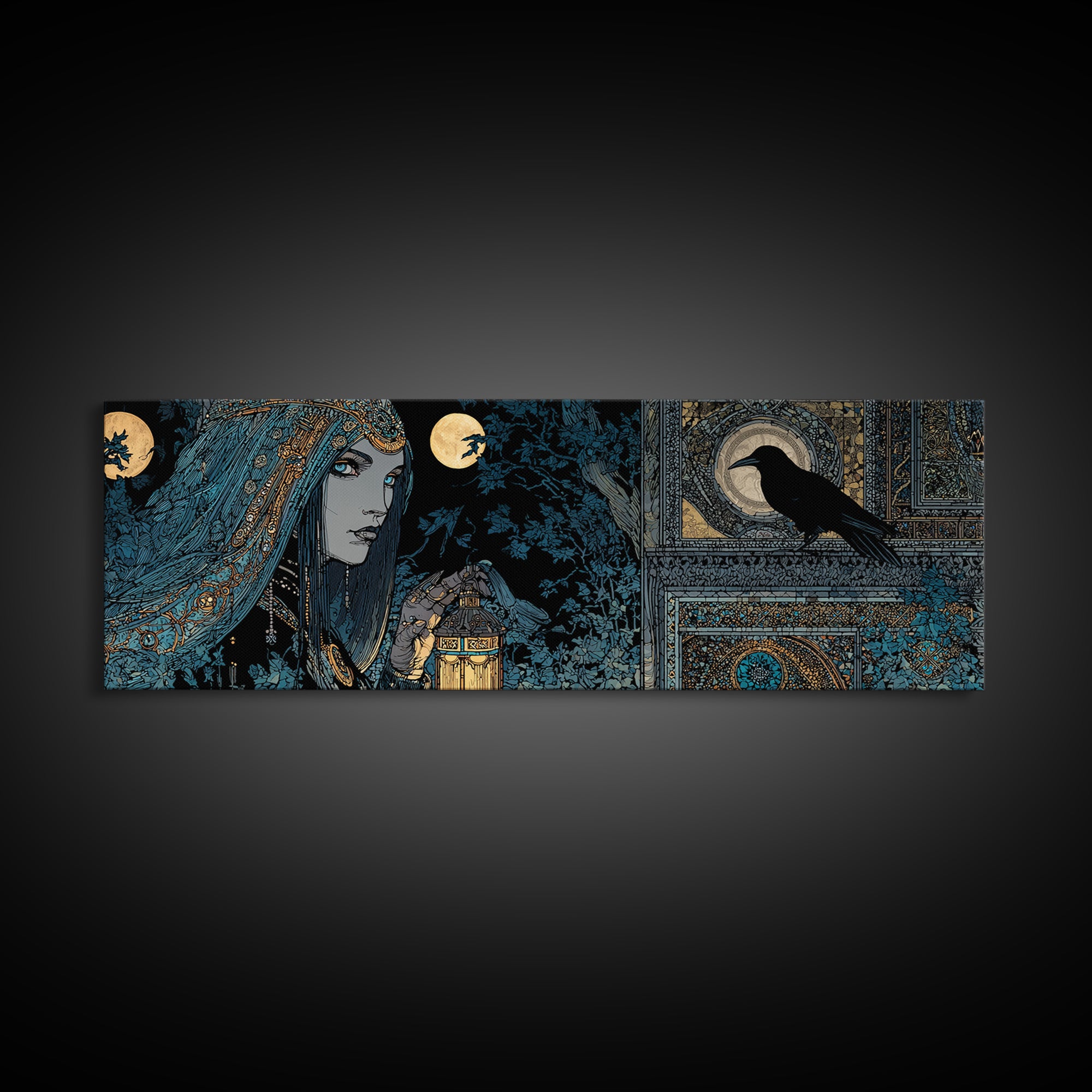 The Crossroads Spirit, Stained Glass Gothic Art, Extra Wide Wall Art, Macabre Wall Art, Framed Canvas Print, Halloween Wall Art